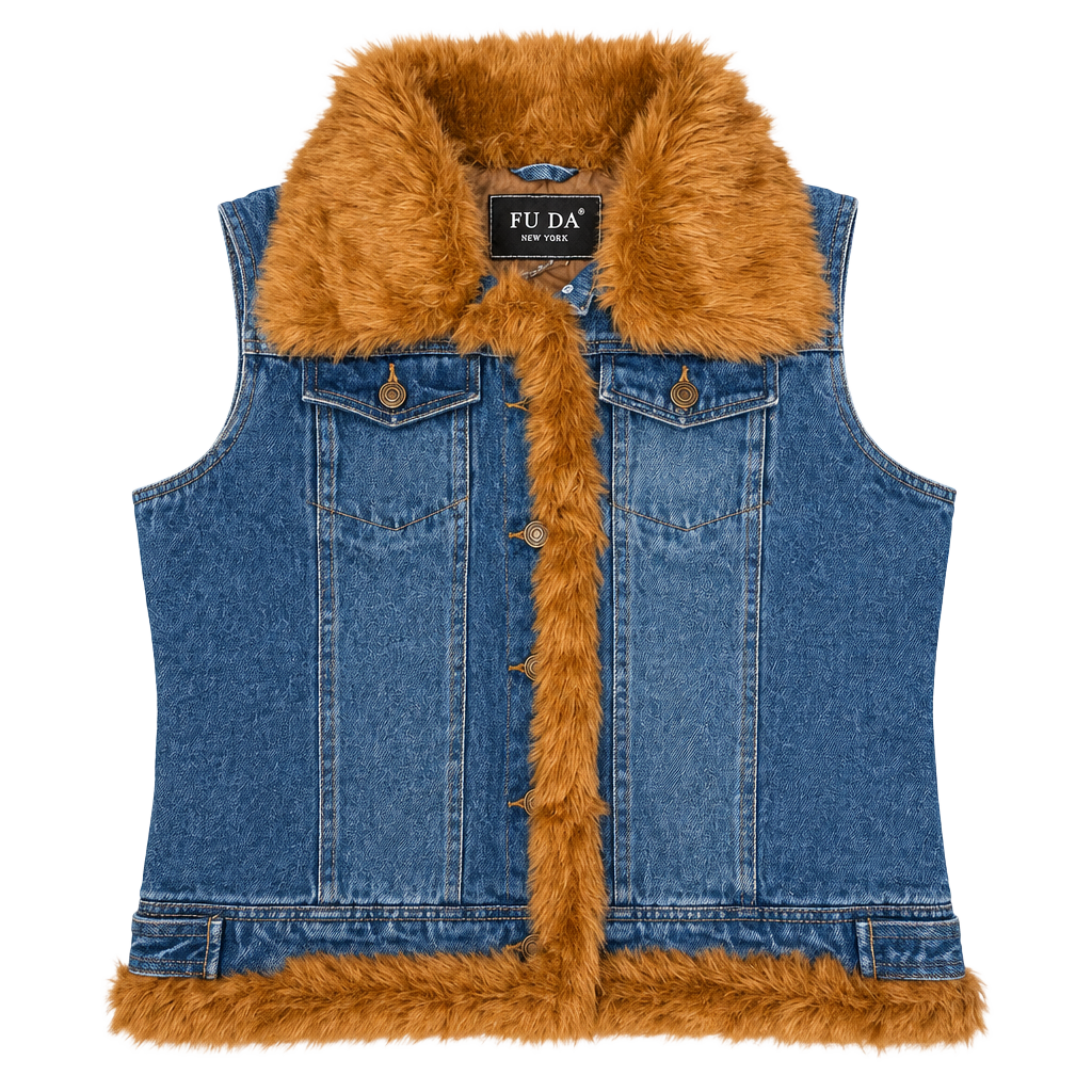 FU DA New York Womens S Denim Vest Faux Fur Trim Y2K Western Boho Jean 1