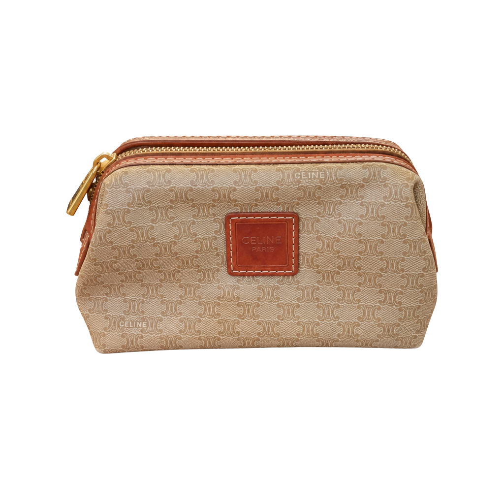 Celine vanity case pouch brown leather and beige coated canvas small vintage 1