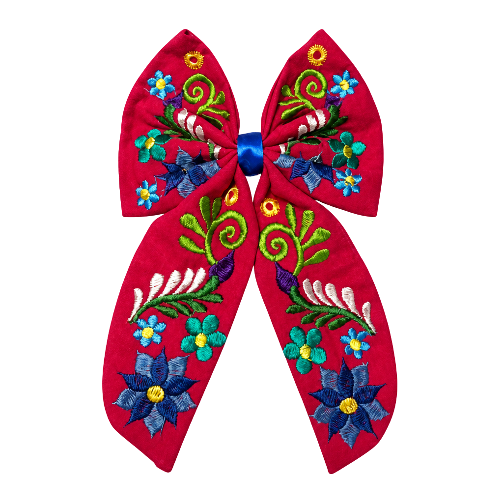 Mexican Embroidered Floral Bow Hair Clip Magenta 1