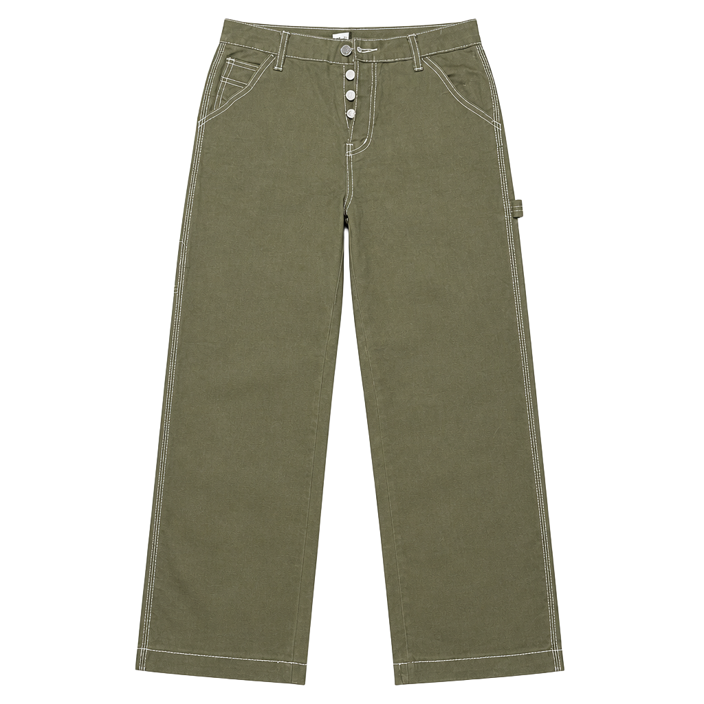 S.O.N.G. Women's Olive Green High-Rise Carpenter Pants with Contrast Stitching 1