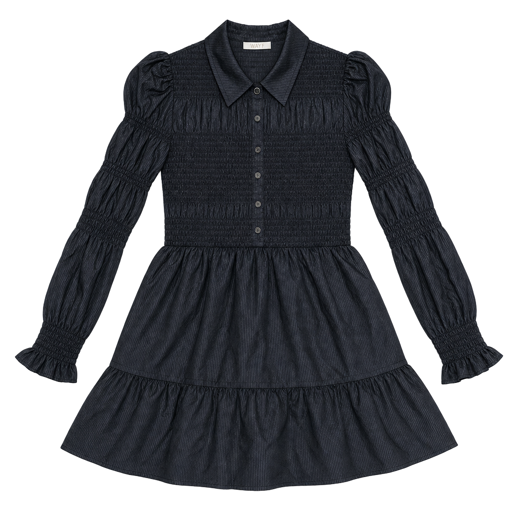 WAYF Shadow Stripe Smocked Long Black Sleeve Button Front Tiered Mini Dress Size Small 1