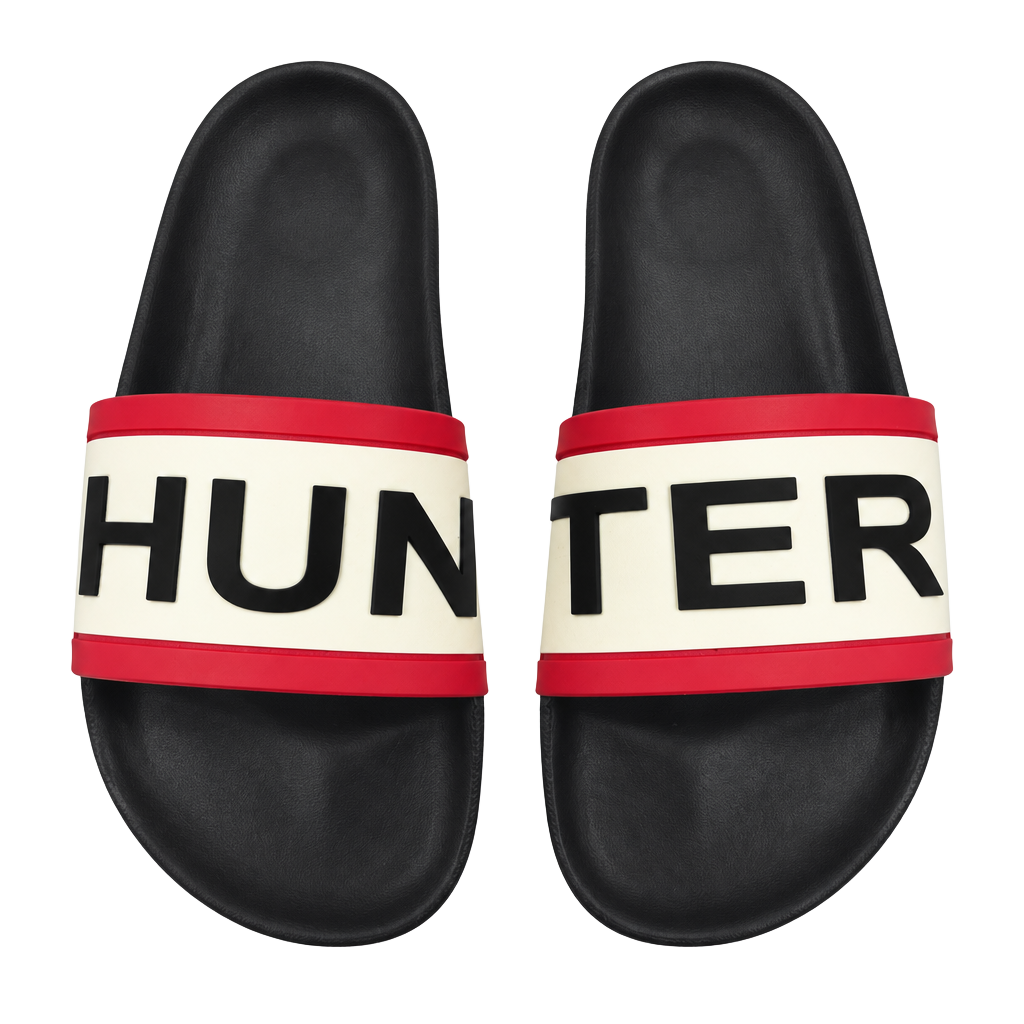 Hunter Original Logo Slides Black White Red Sandals Mens 7/Woman's 10 1