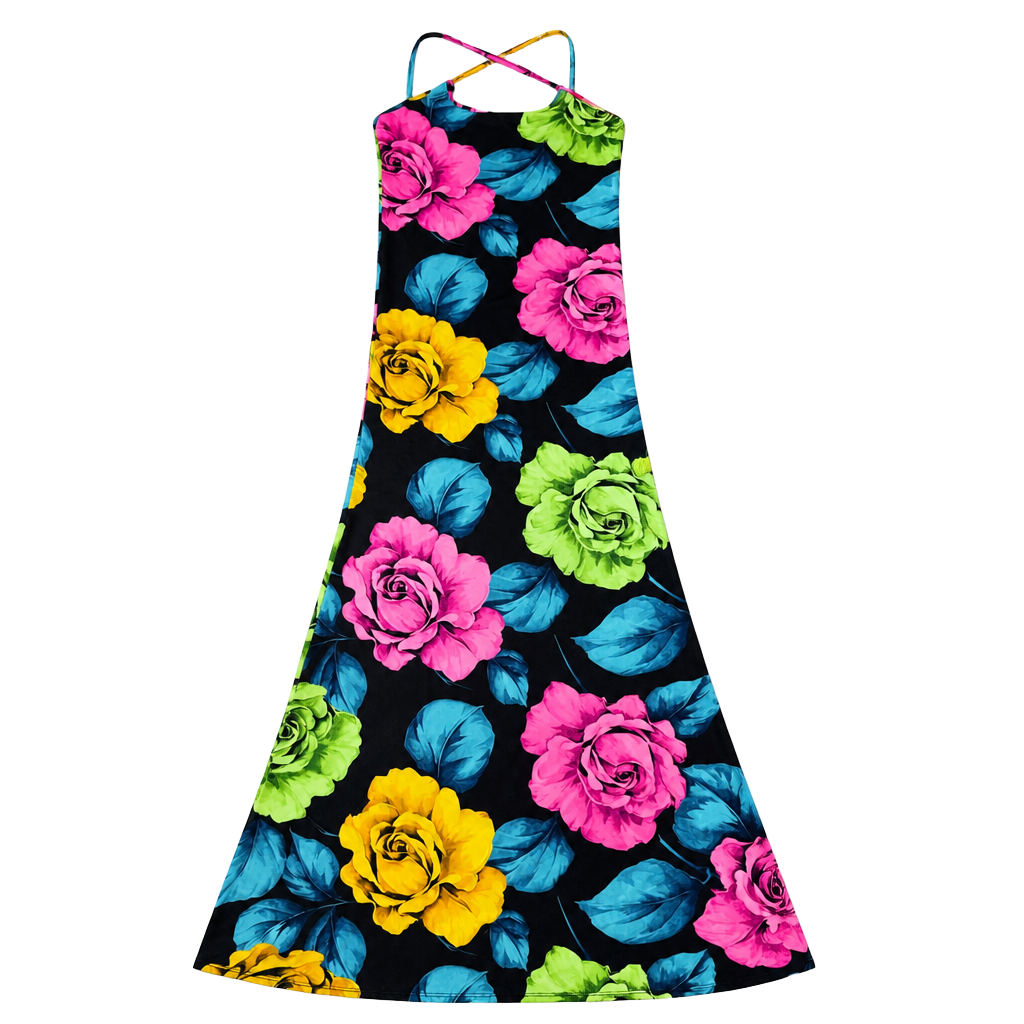 MAGIA U.S.A. Floral Maxi Dress Size M Black Rose Print Cross Back 1