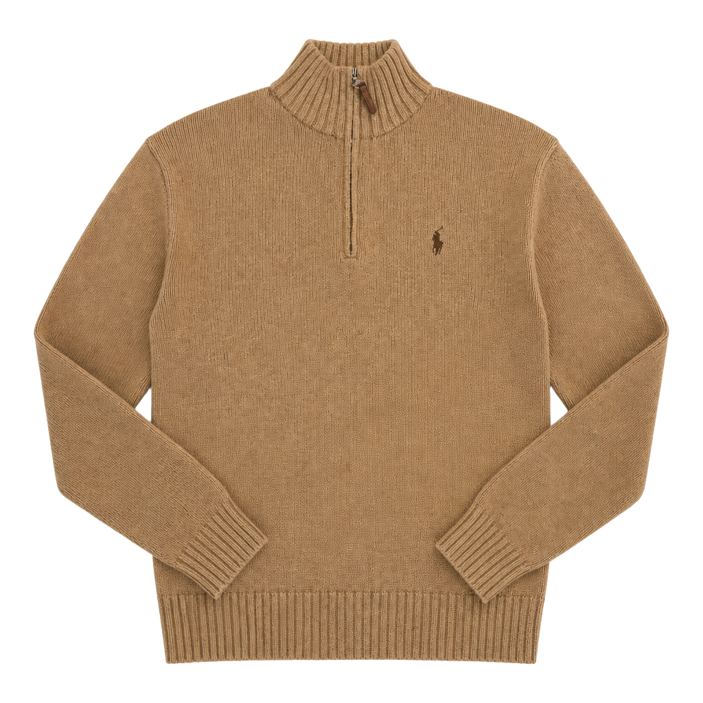Polo Ralph Lauren Men's Medium Tan Brown 100% Pima Cotton Half Zip Ribbed Pullover Sweater 1