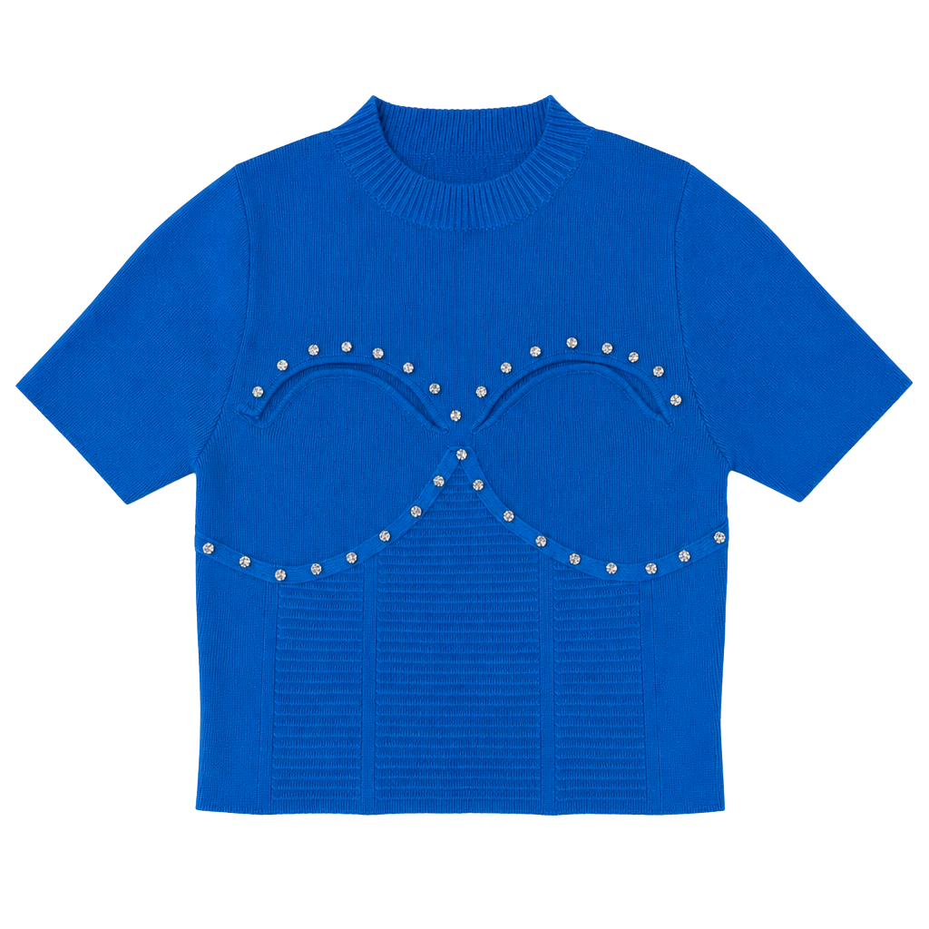 Balboa Figure Form Knit Top Blue Rhinestone Cup Detail 1