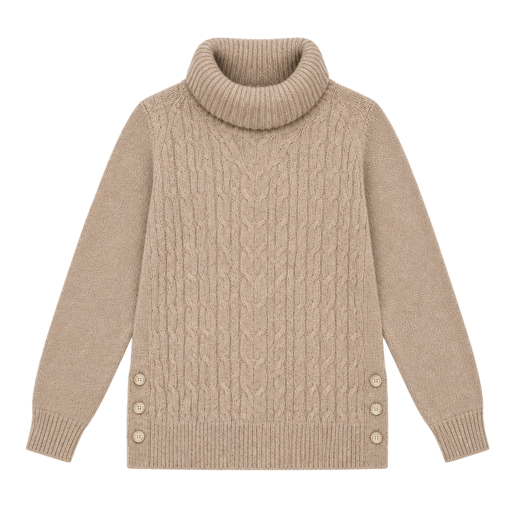 Talbots 100% Cotton Cable Knit Cowl Neck Sweater L Tan Gold Buttons NWOT 1