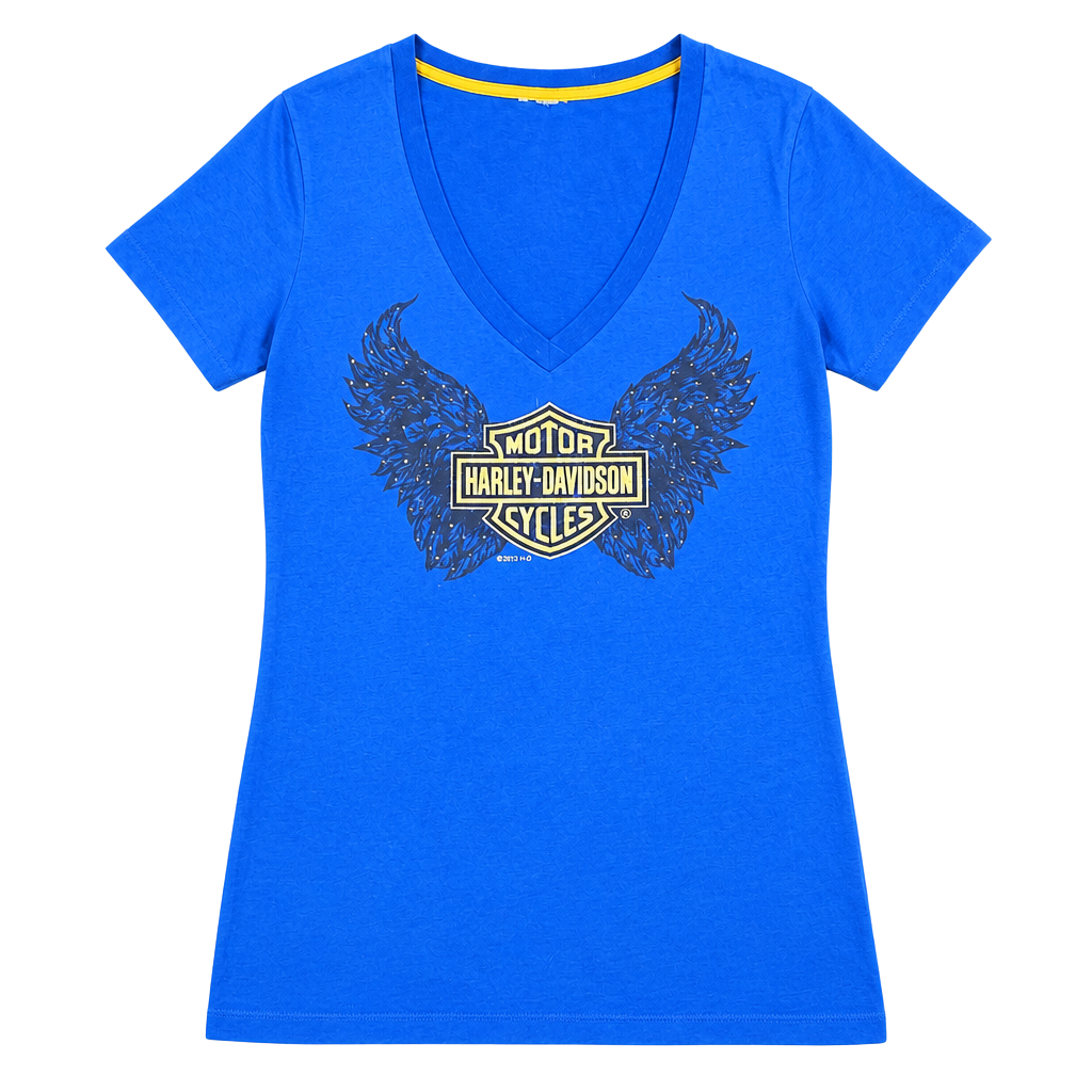 Harley-Davidson Gulf Coast FL Blue V-Neck T-Shirt with Rhinestone Wings 1