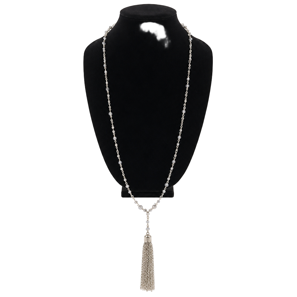 Long Silver Tone Beaded Tassel Necklace | Blue Gray Glass | Boho Costume Jewelry 1