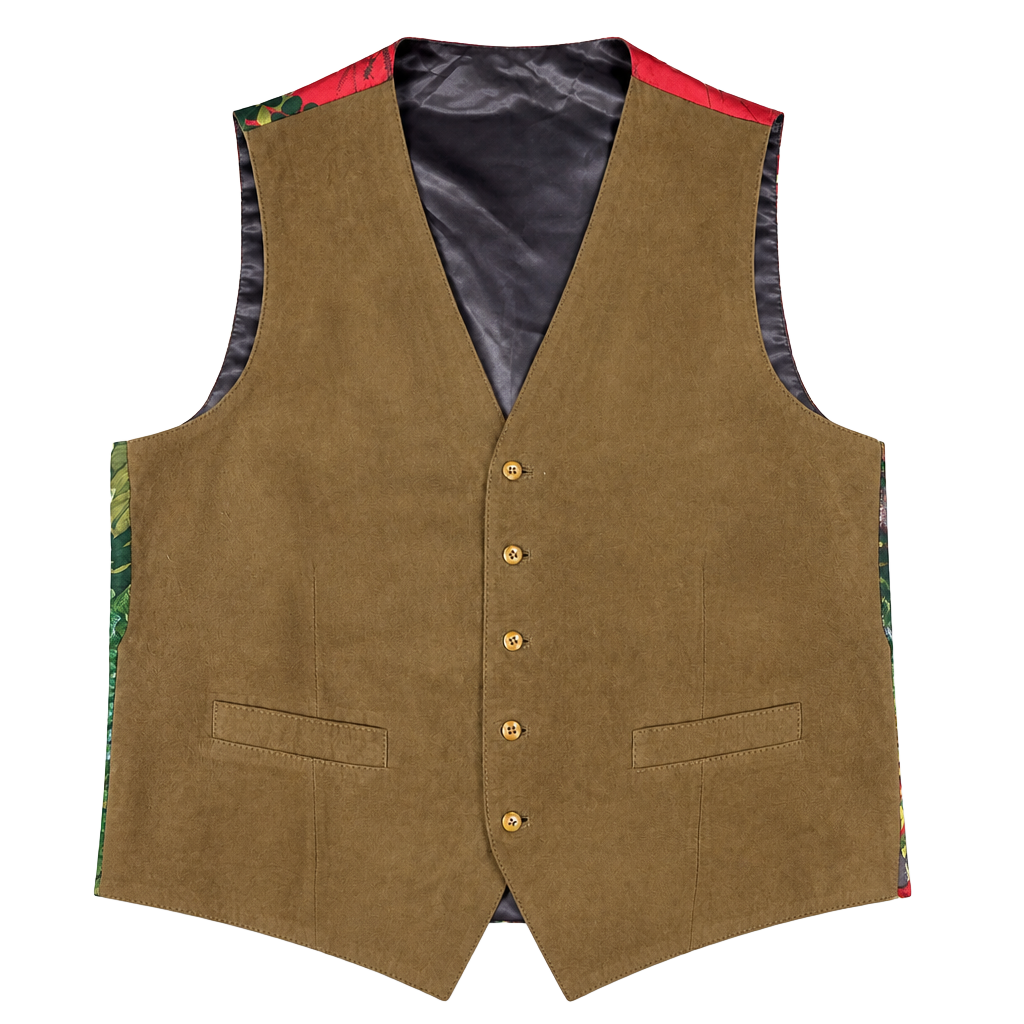 Vintage Bullock & Jones Suede Leather Waistcoat Vest with Pheasant Print Silk Back 1