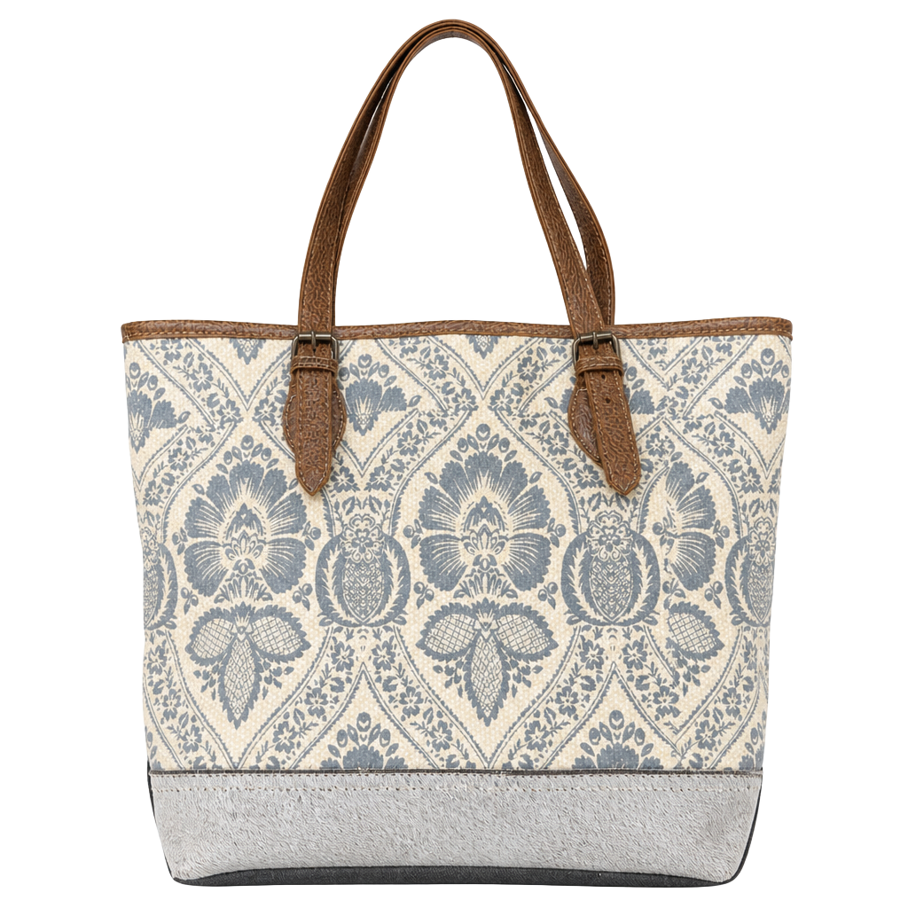 Myra Bag Upcycled Canvas and Genuine Leather Tote Bag with Floral Damask Pattern 1