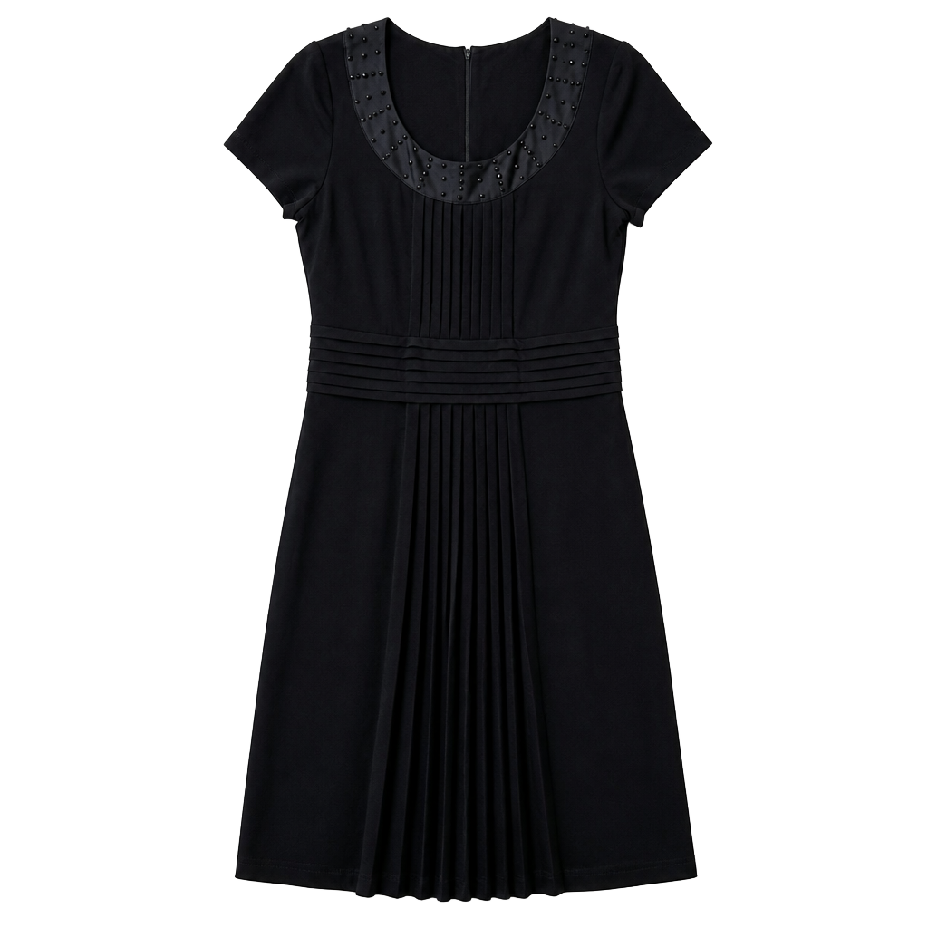 Anne Klein New York Black Pleated Short Sleeve Dress with Beaded Neckline 1