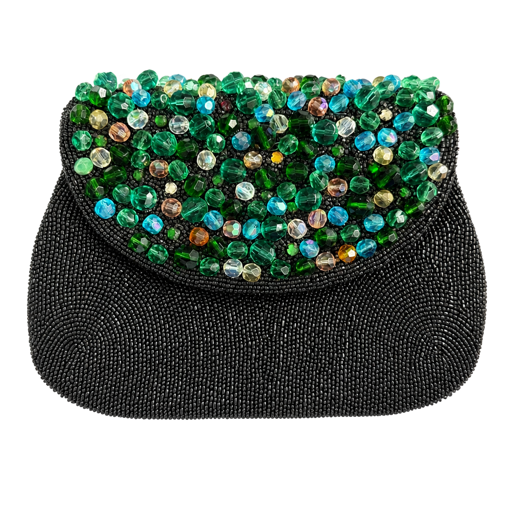 Vintage Hand Beaded in Belgium Black Evening Bag with Green Crystal Beaded Flap 1