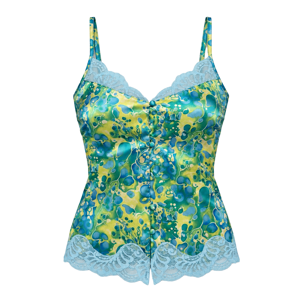 Valerie Stevens Cami Top Size M Blue Green Pattern Lace Button Up 1