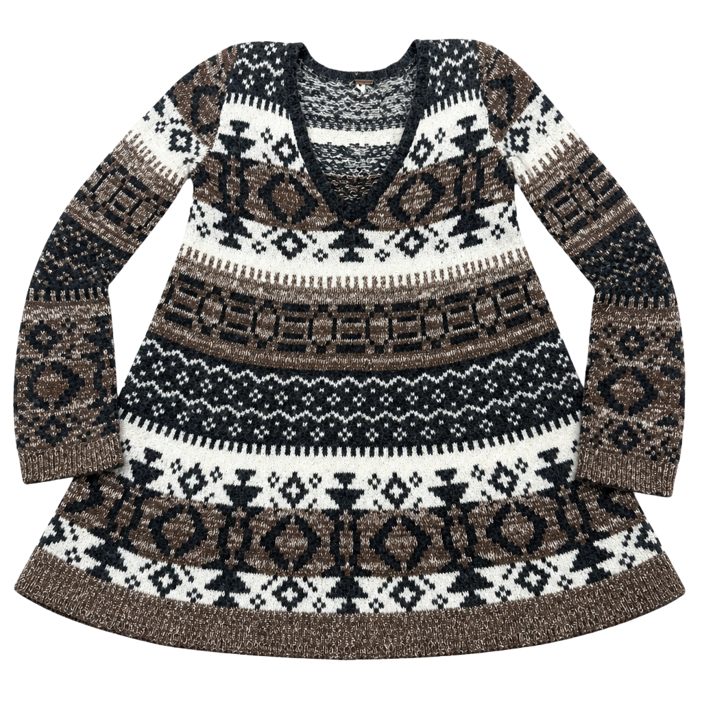 Free People Fair Isle Geometric Patterned V-Neck Sweater Small 1