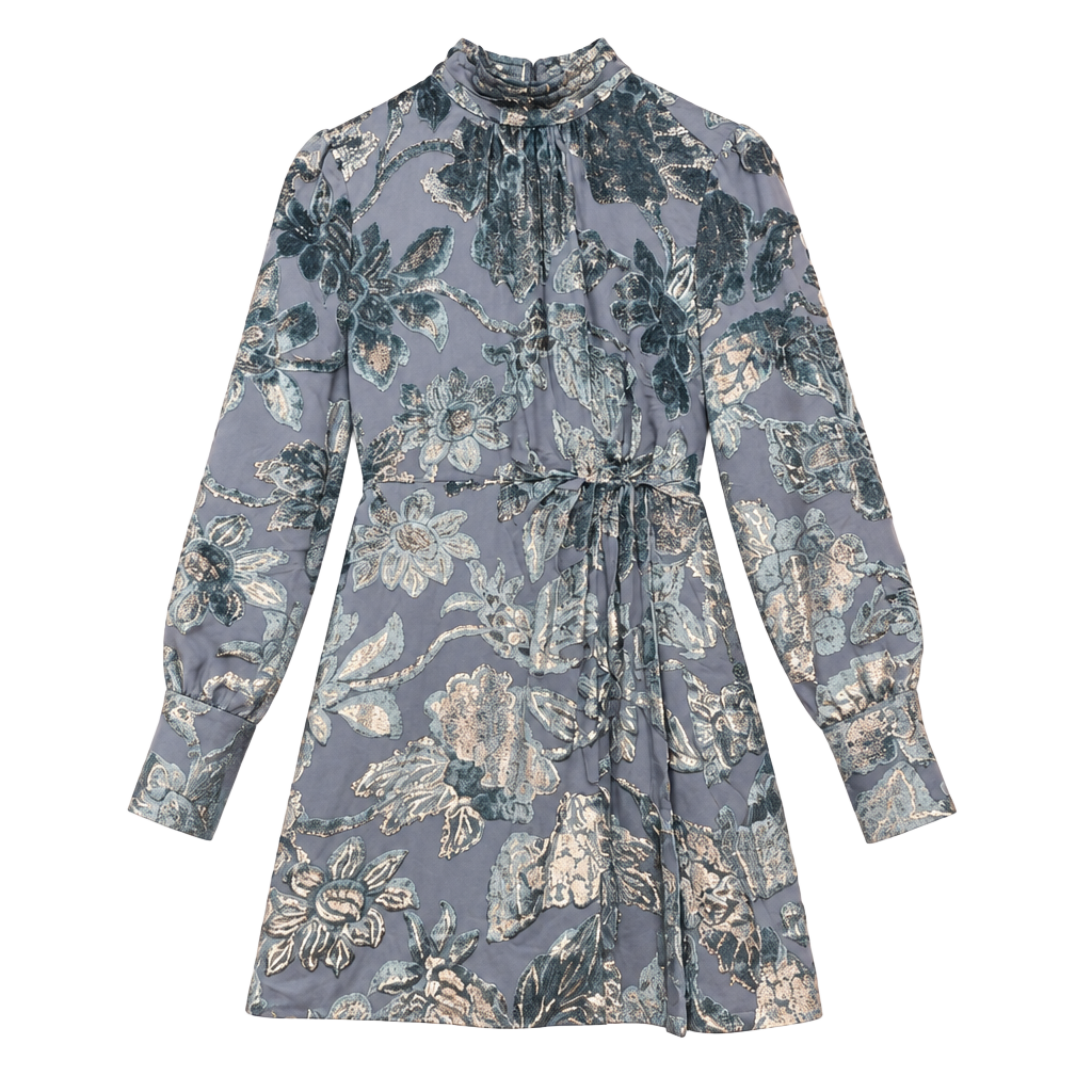 SIMKHAI Halen Mini Dress Size 2 Blue Celestial Velvet Floral Mock Neck 1