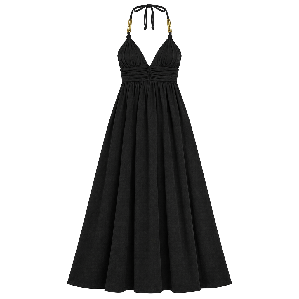 Arden B. Halter Maxi Dress Size S Black Beaded Straps Ruched 1