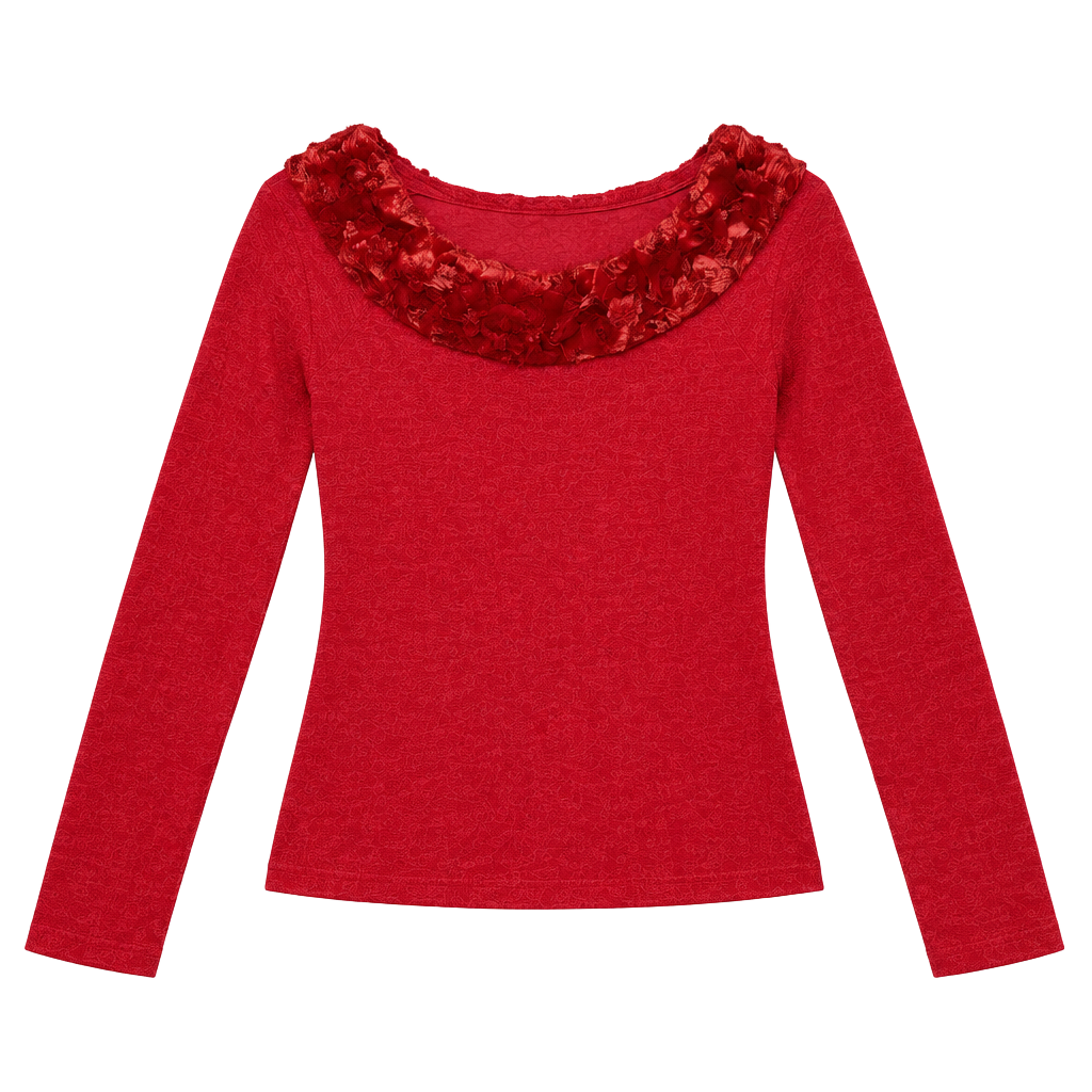 Copper Key Faux Fur Collar Long Sleeve Top Size L Red 1