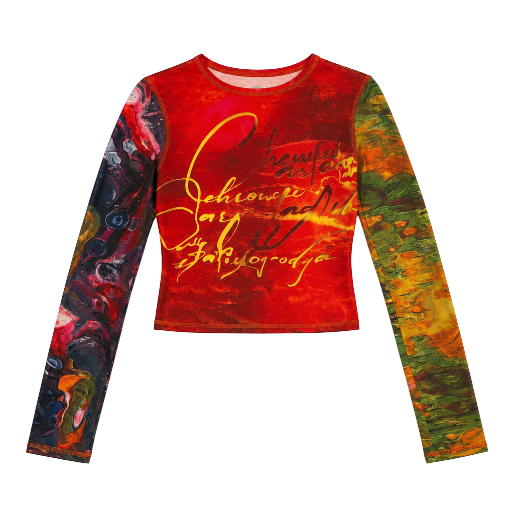 Long Sleeve Crop Top Size M Red Letter Graphic 1