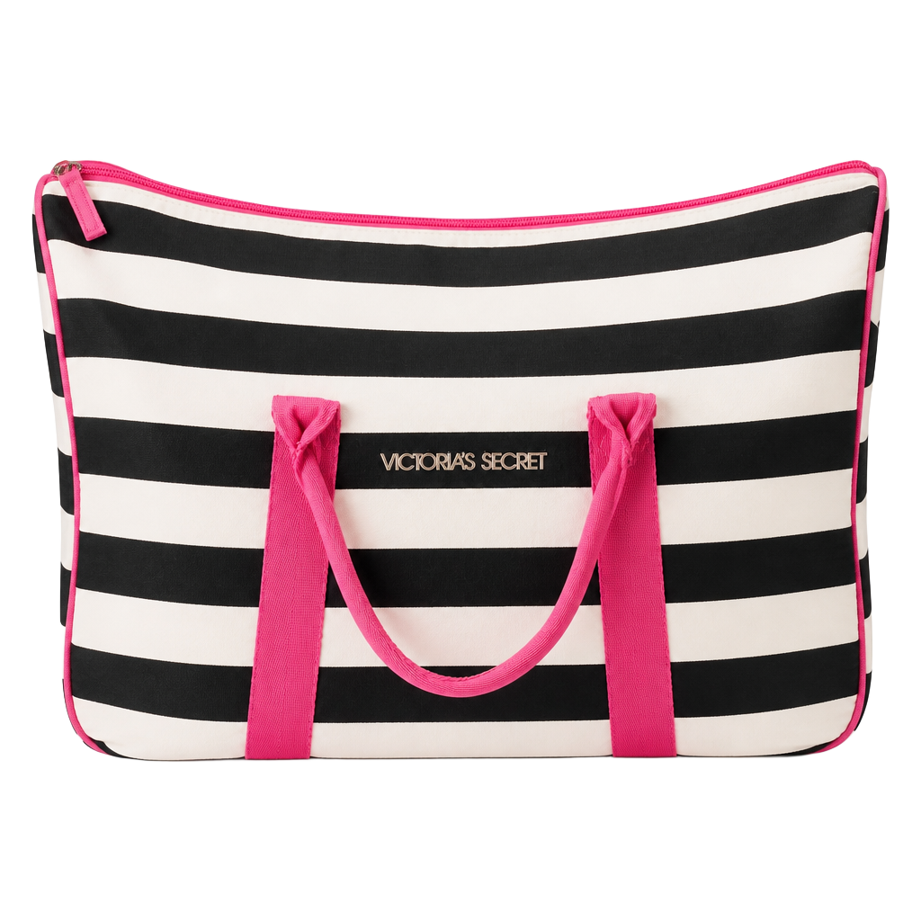 Victoria's Secret Black and White Striped Travel Duffel Weekender Bag with Pink Trim 1