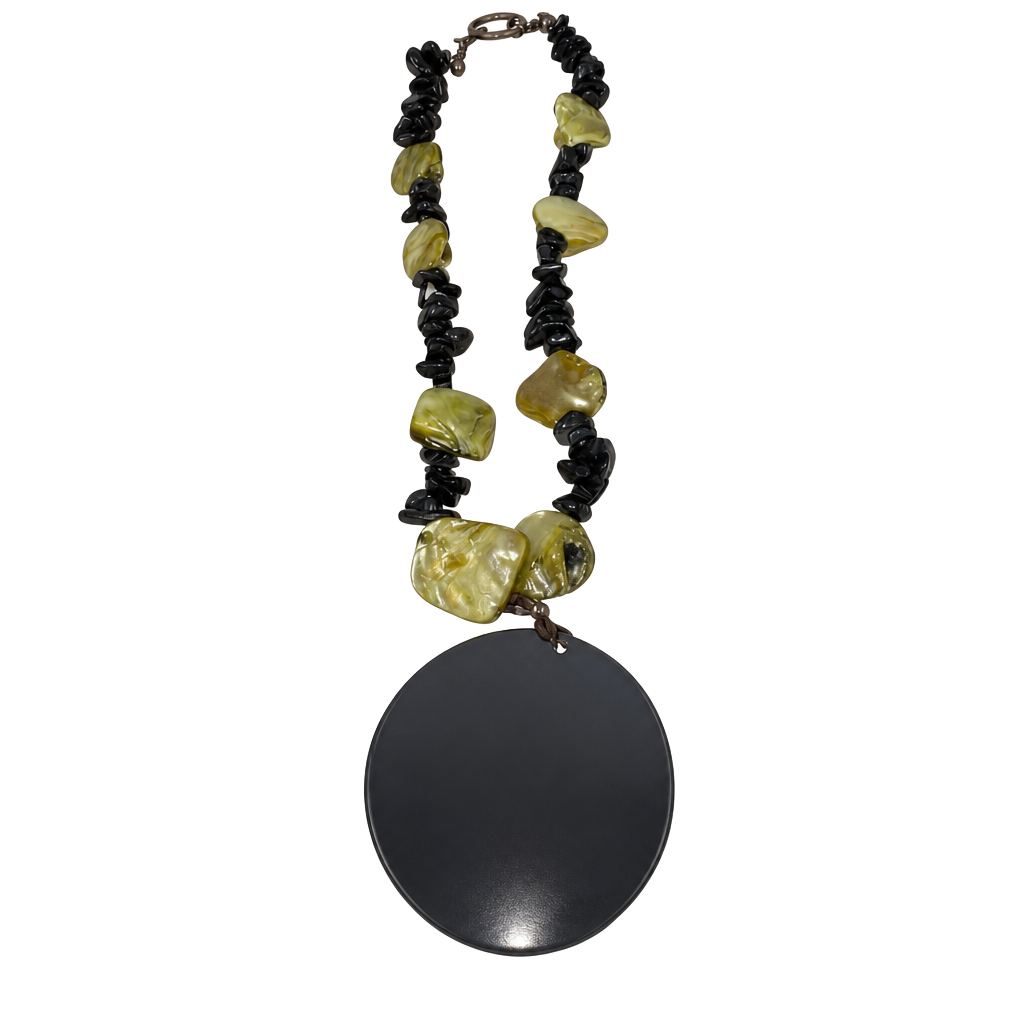 Large Circular Buffalo Horn Statement Necklace with Mother of Pearl and Stone Beads 1