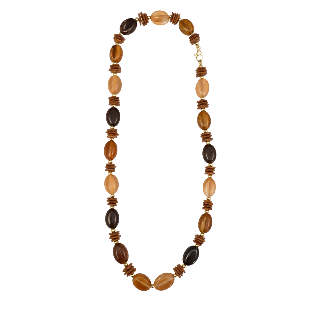 Vintage 1980s Retro Earth Tone Beaded Necklace with Oval and Stacked Square Resin Beads 1