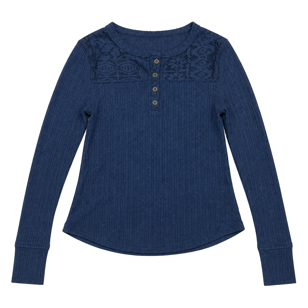 Lucky Brand Women's Blue Ribbed Long Sleeve Lace Mix Henley Shirt 1