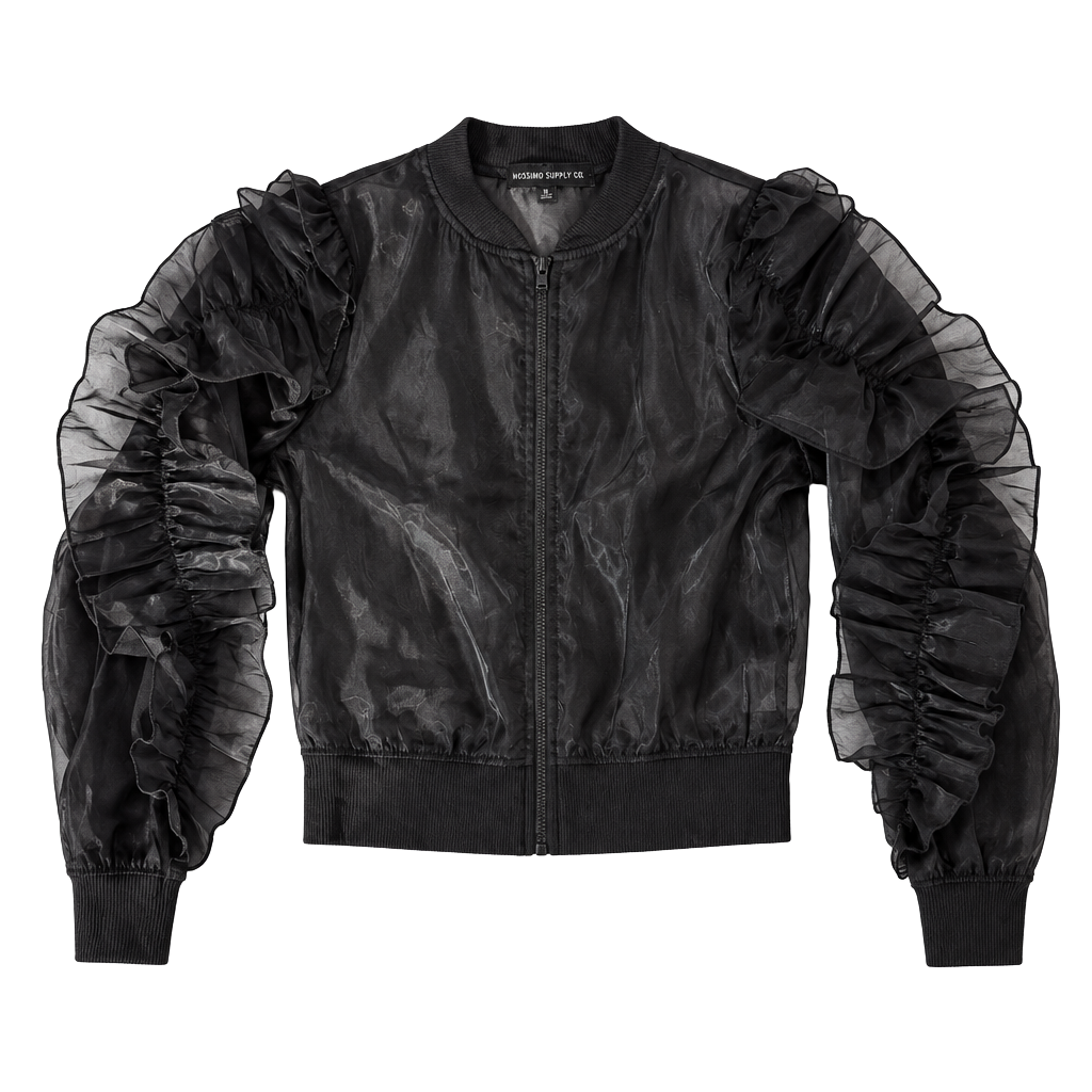 Almost Famous Bomber Jacket Size S Black Ruffle Sheer Zip Up Lightweight 1