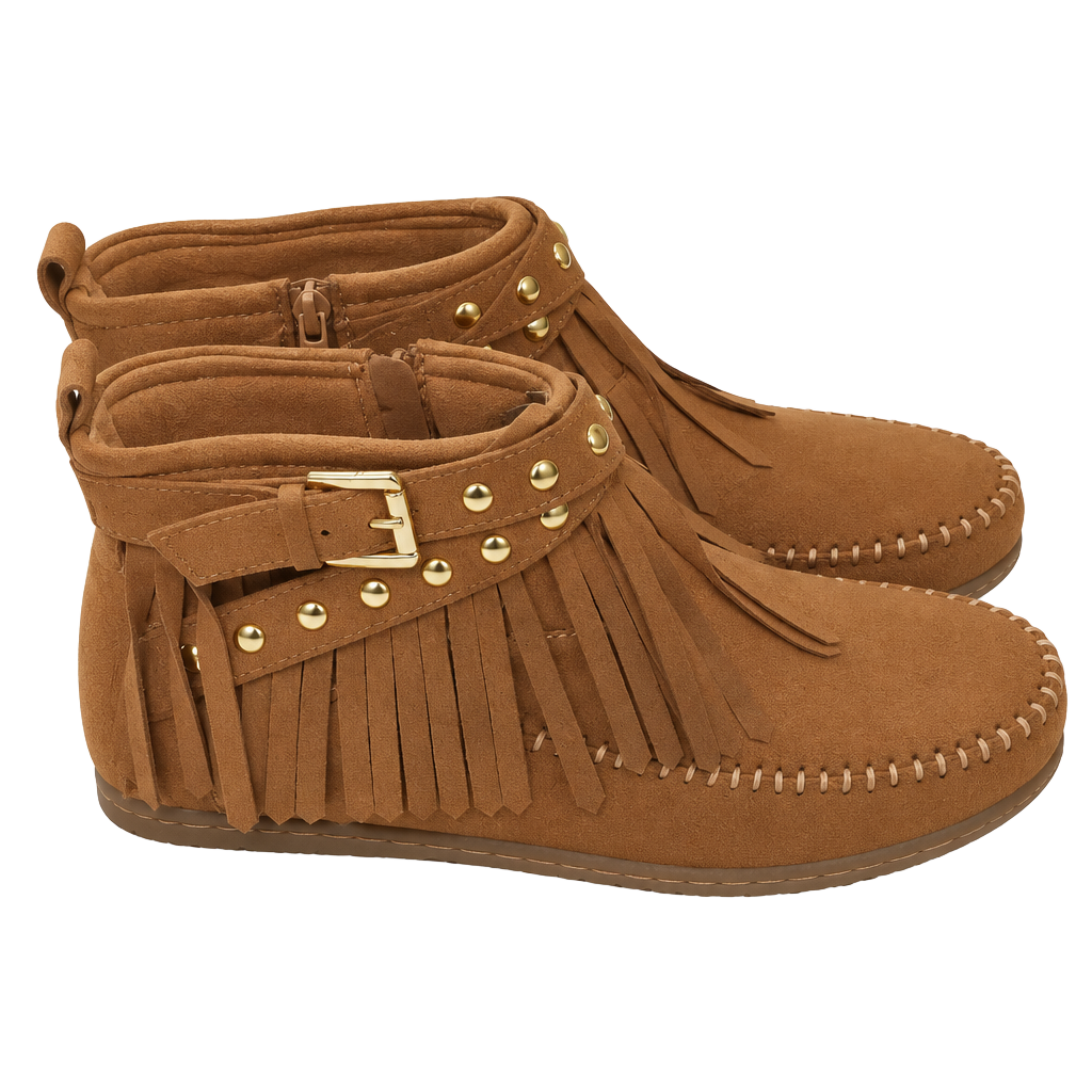 Soda Dahlia Fringe Wedge Ankle Booties Tan Faux Suede 1