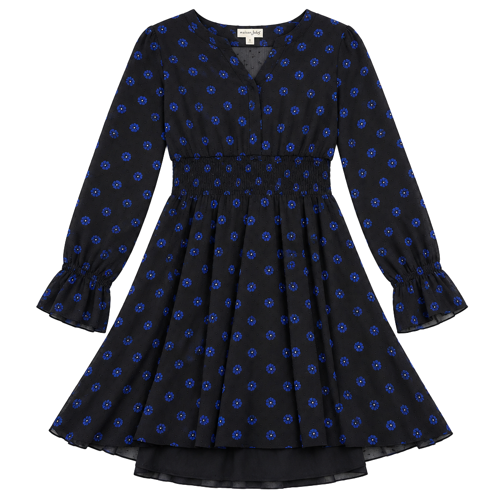 Maison Jules Dress Small NWT Black Blue Floral Smocked Waist Long Sleeve 1