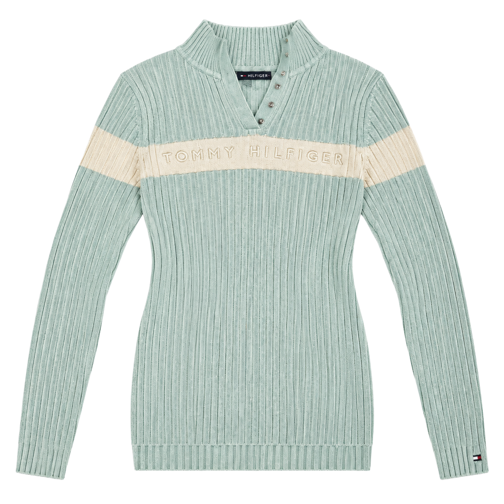 Tommy Hilfiger Ribbed Sweater Size M Light Blue Snap Mock Neck 1