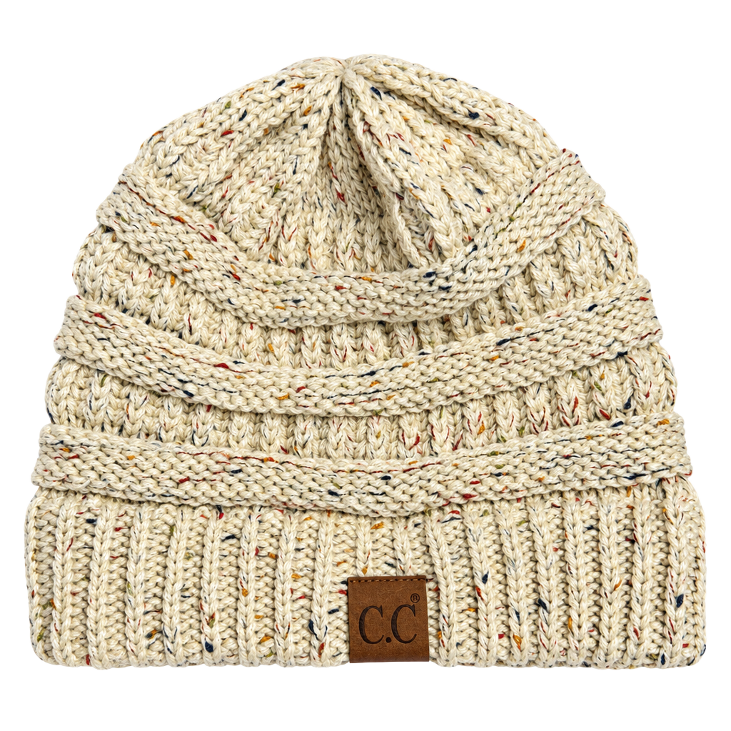 C.C. Knit Beanie Confetti Speckled Winter Hat Cream 1
