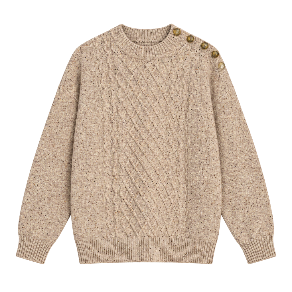 FRYE Cable Knit Sweater Size L Pink Speckled Shoulder Buttons 1