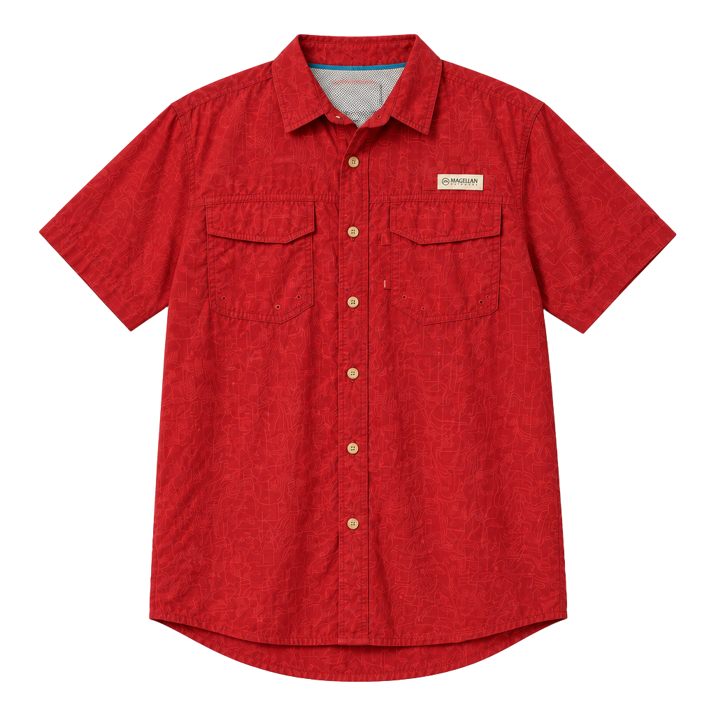 Magellan Outdoors Fish Gear Short Sleeve Button Up Shirt Size M Red Angler Fit 1