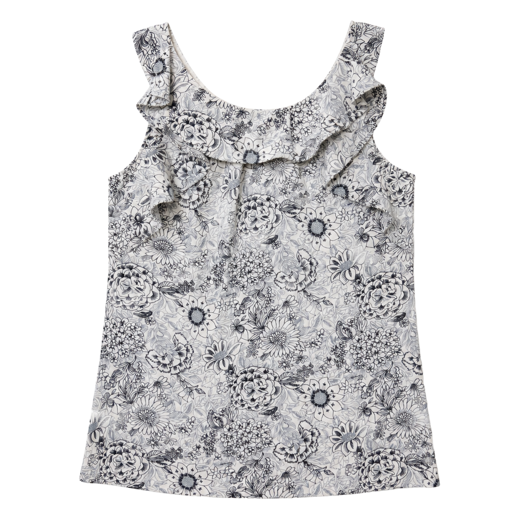 LOFT Outlet Ruffle Tank Top Size S Blue White Floral Print Sleeveless 1