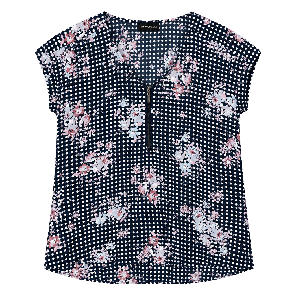 My Michelle Blouse Size M Navy Blue Polka Dot Floral Half Zip Short Sleeve 1