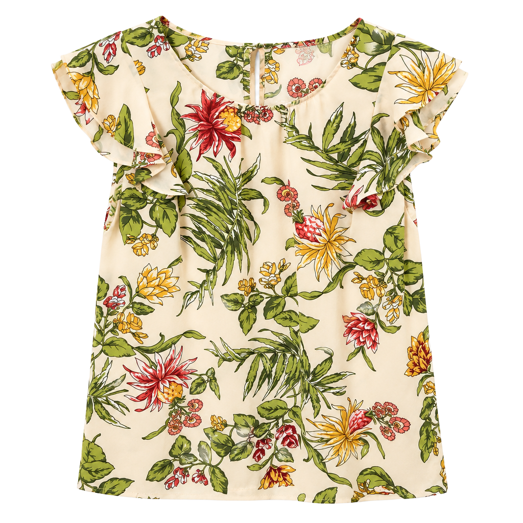 LOFT Outlet Blouse Size M Floral Print Ruffle Sleeve Beige 1