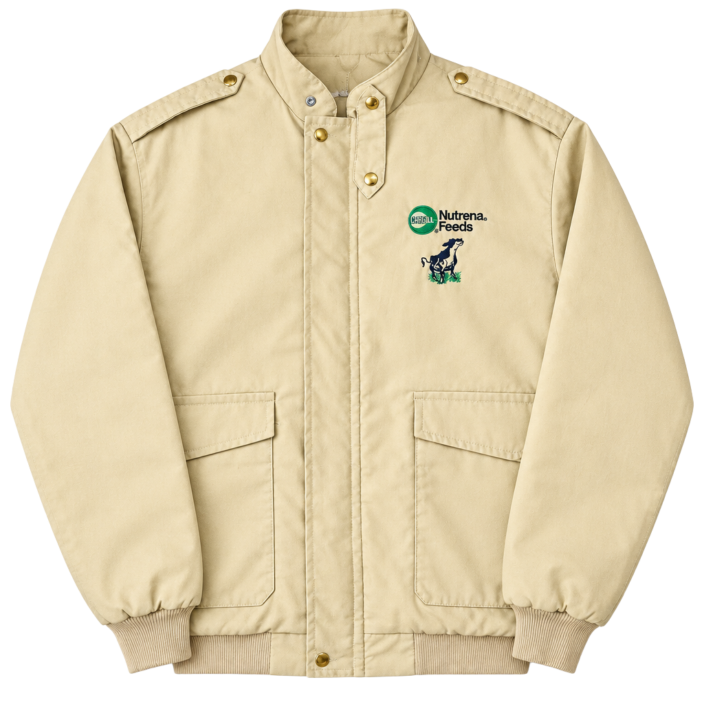 King Louie Beige Lined Bomber Jacket Nutrena Feeds Cow Embroidered Logo Size L 1