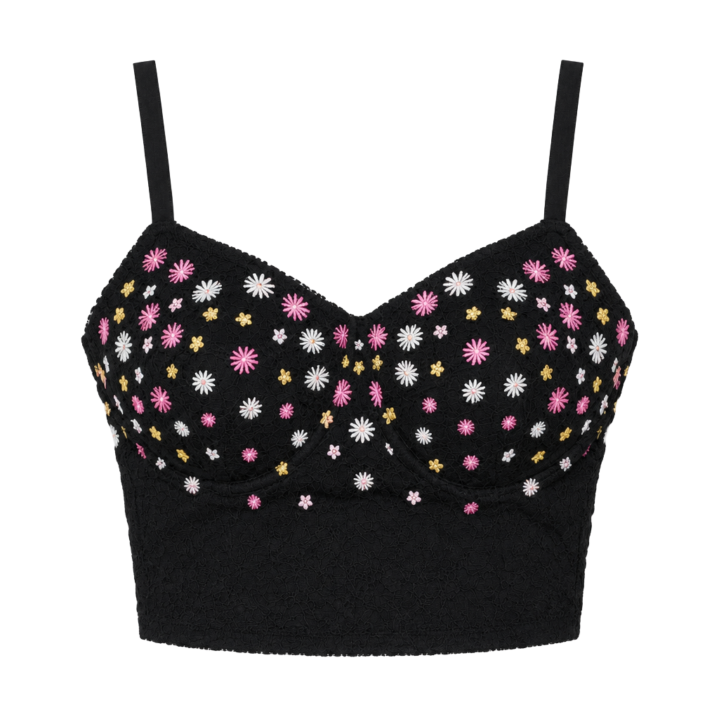 Pink Floral Embroidered Black Bustier 1