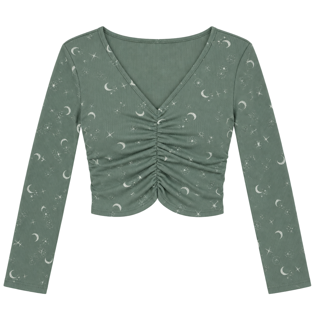Forever 21 Moon Star Crop Top Size M Green Long Sleeve 1
