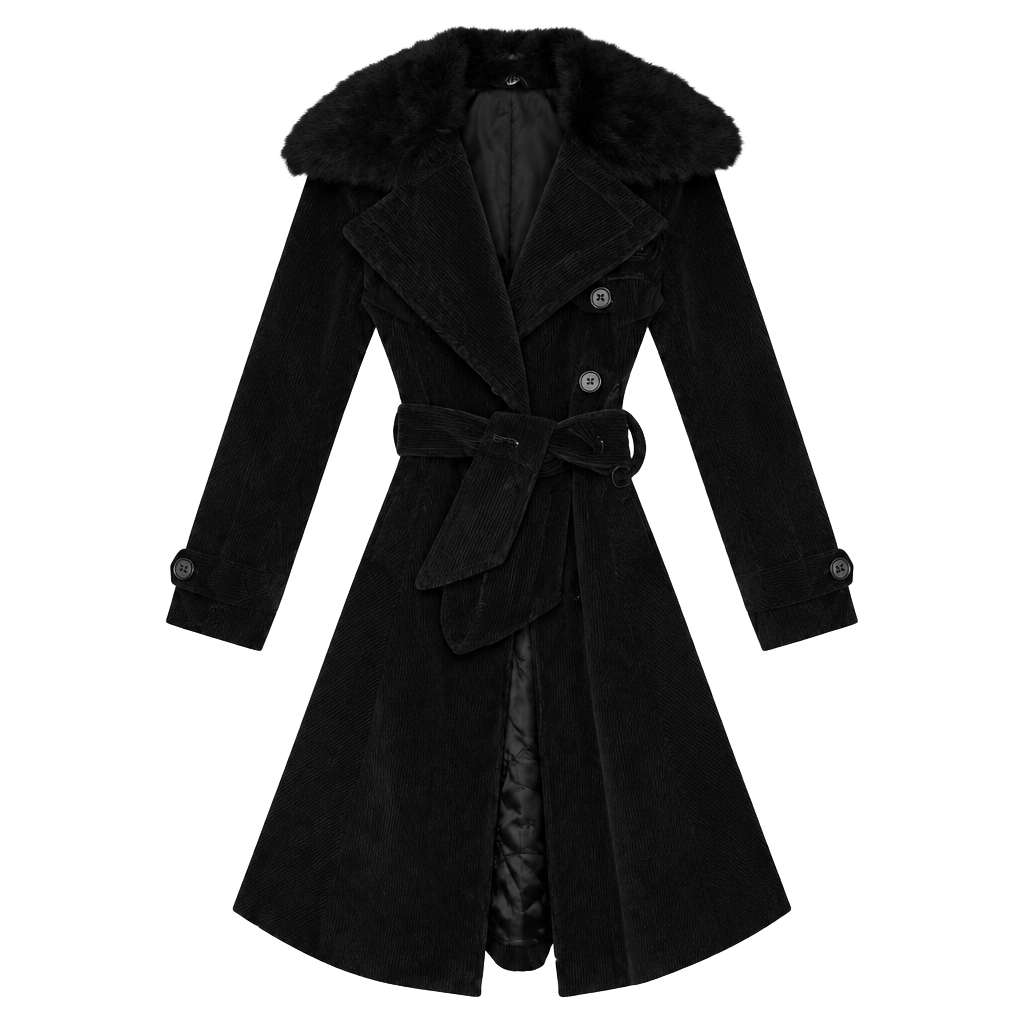 Bebe Corduroy Trench Coat Black Real Fur Collar Y2K 1