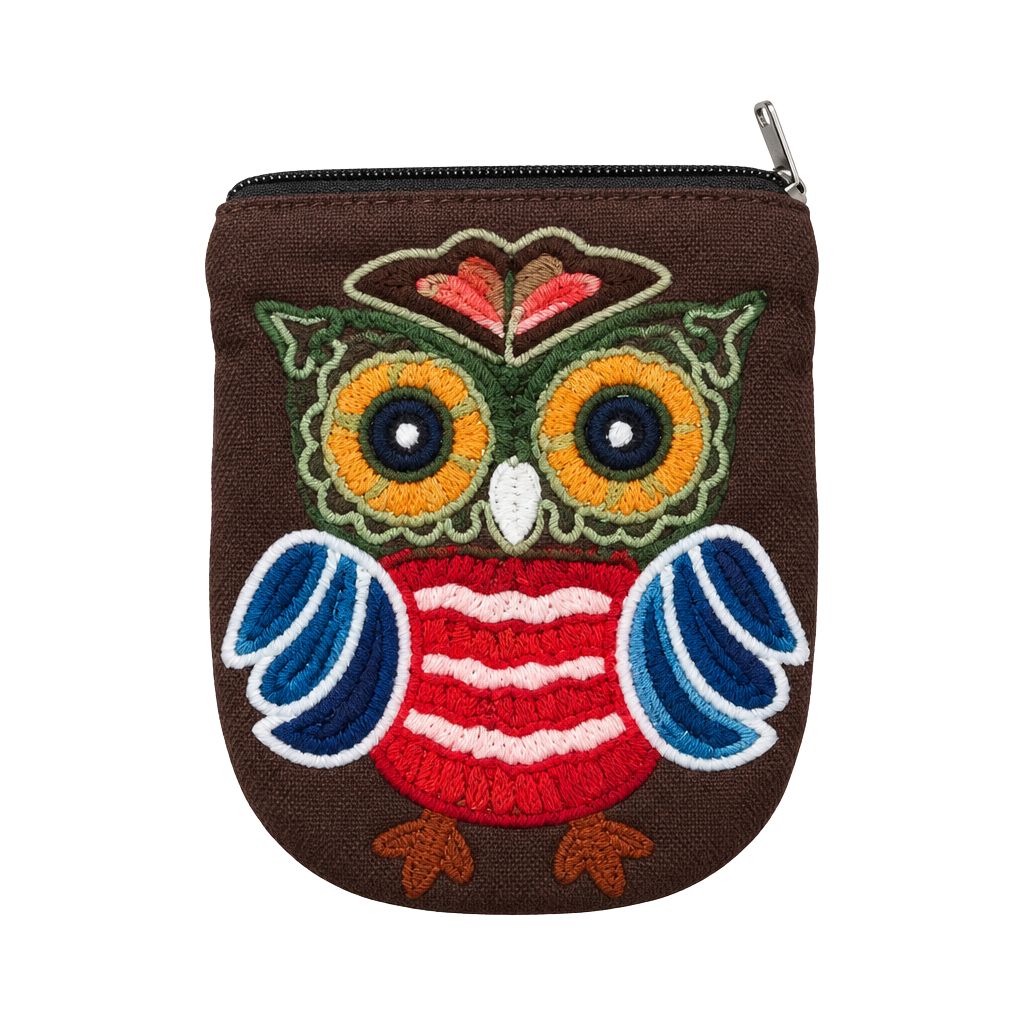 Embroidered Owl Coin Purse Brown Zip Pouch 1
