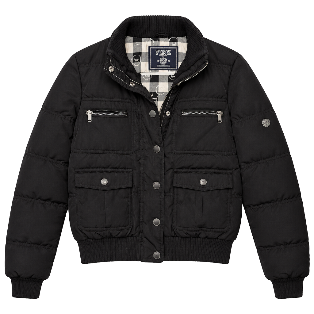 PINK Victoria's Secret Black Puffer Jacket Size S-P Plaid Lined 1
