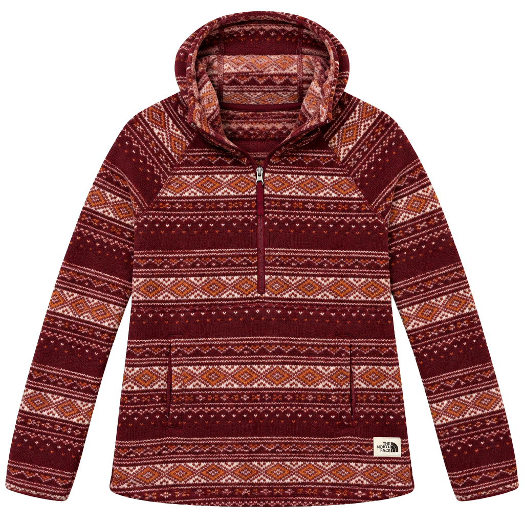 The North Face Printed Crescent Hooded Pullover Size S Burgundy Fair Isle Fleece 1