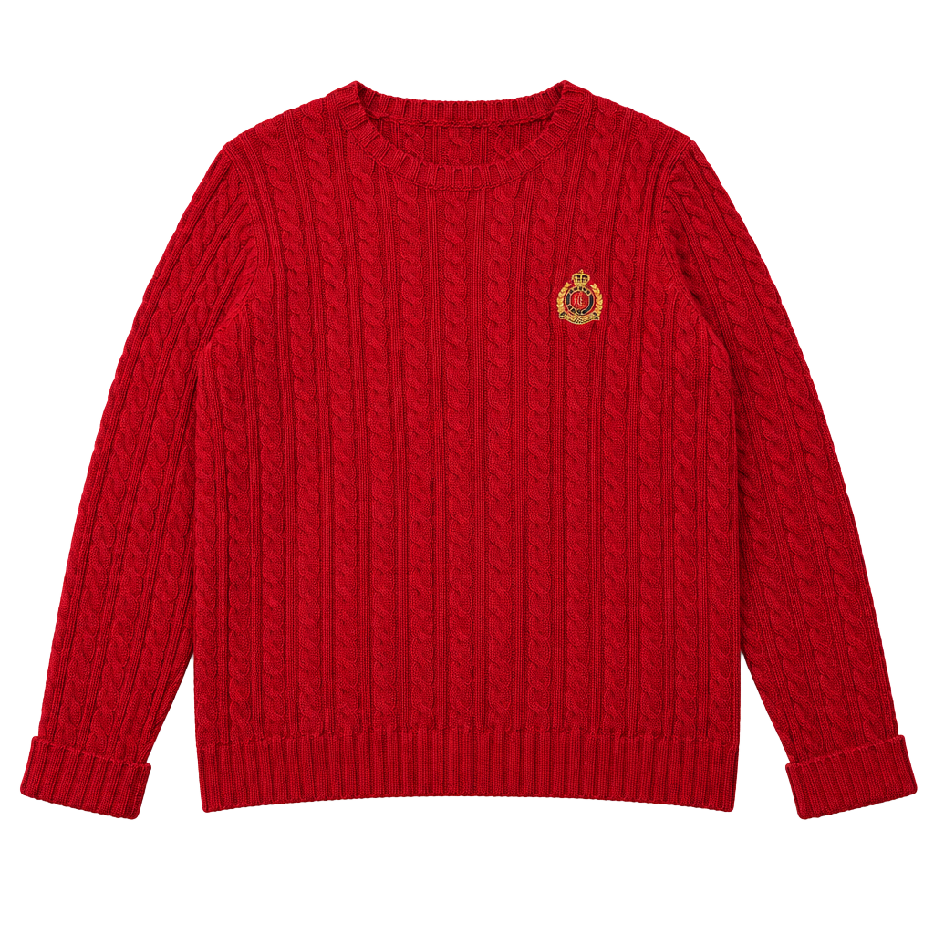 Red Lauren Ralph Lauren Sweater Size P/P Red 90โs Cotton Cable Knit Crest Logo 1