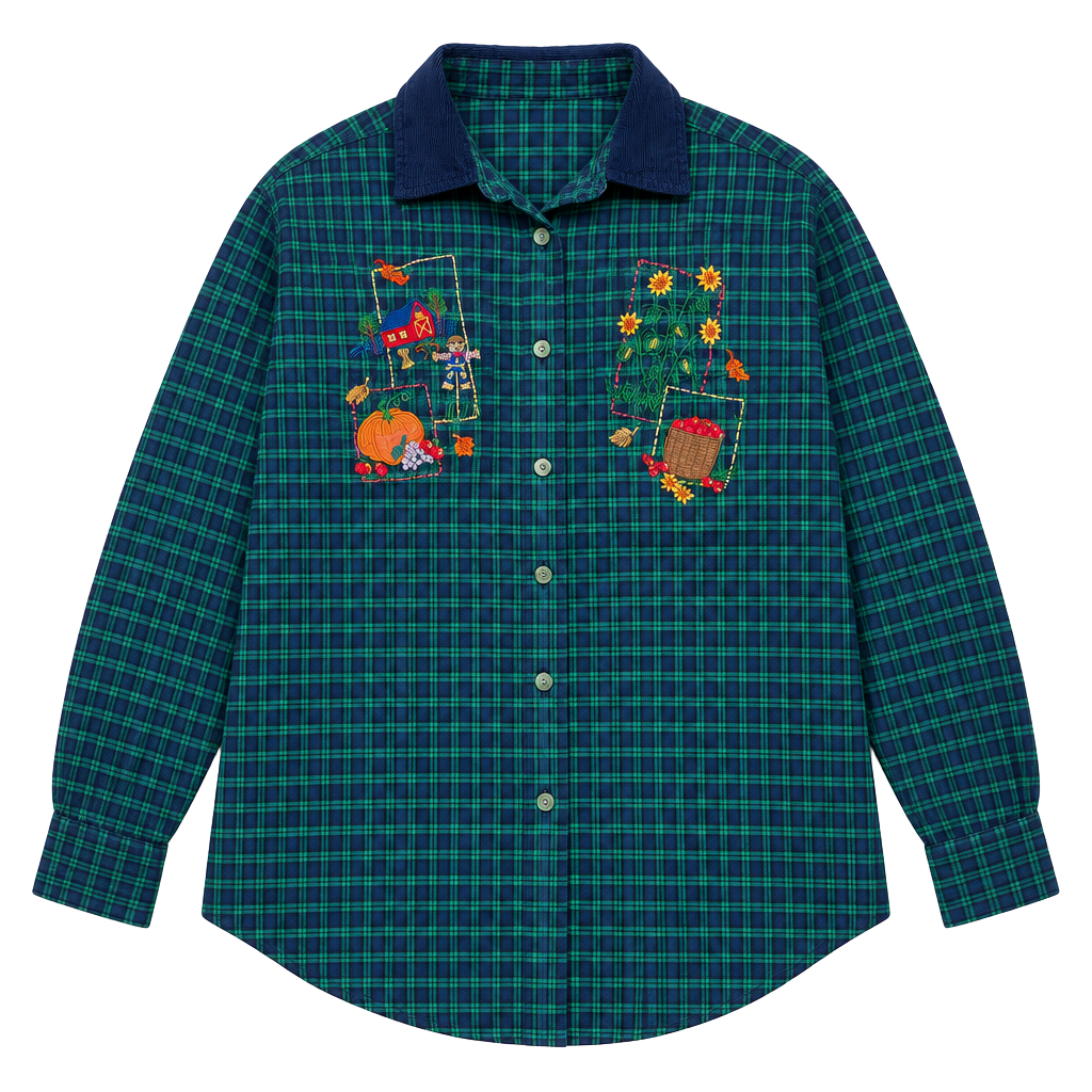 1990’s Casey & Max Embroidered Plaid Flannel Shirt Size M Green Corduroy Collar 1