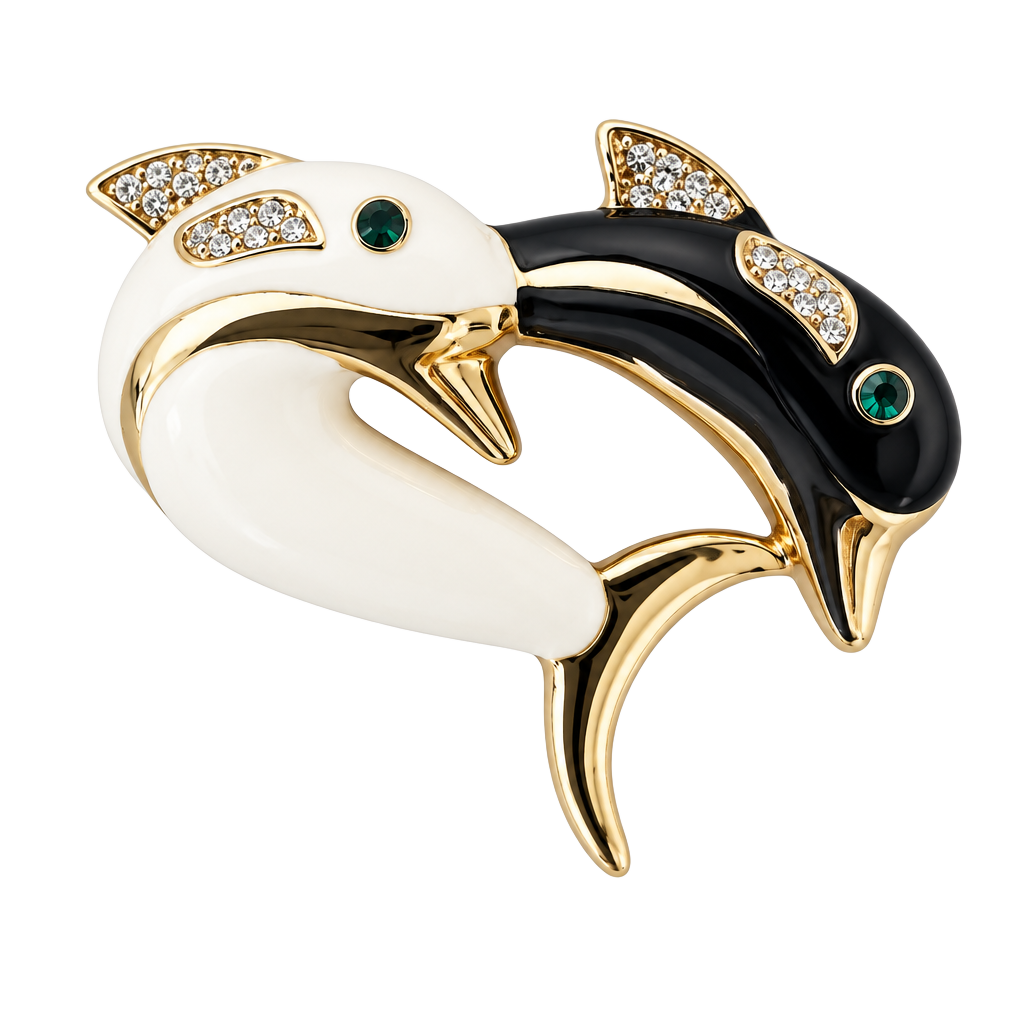 Vintage Black and White Enamel Dolphin Brooch Pin with Rhinestones 1