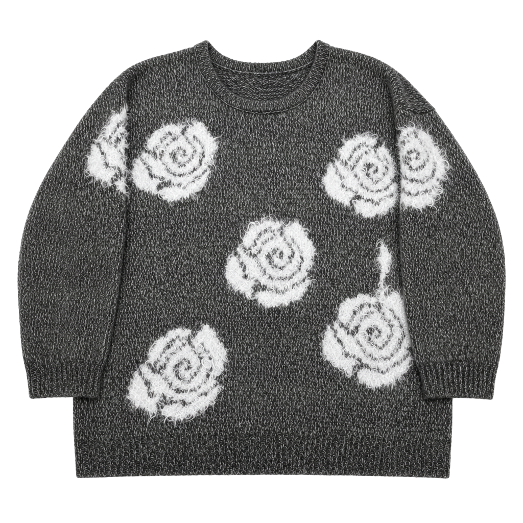 Cable & Gauge Gray Fuzzy Knit Sweater with White Rose Patterns Size L 1