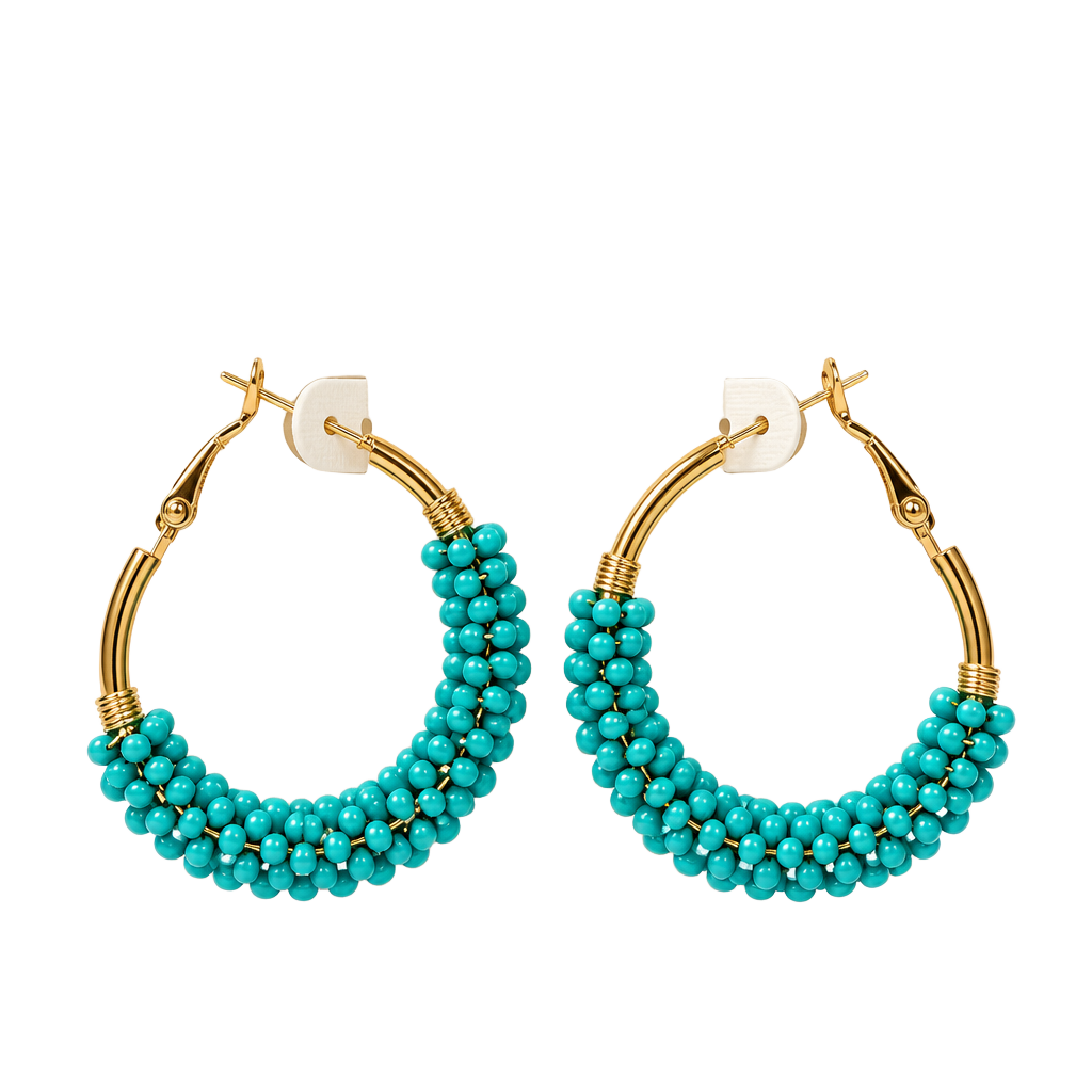 Coronet Gold & Turquoise Beaded Hoop Earrings NWT #0304 1
