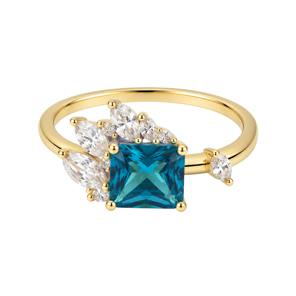 Oomiay Nocturnal Blue Stone Cluster Ring Gold Tone #0308 1