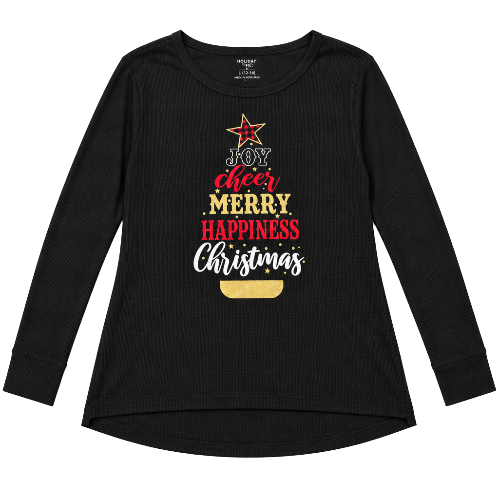 Holiday Time Women’s Large Christmas Graphic Black Thermal LS Top 12-14 1